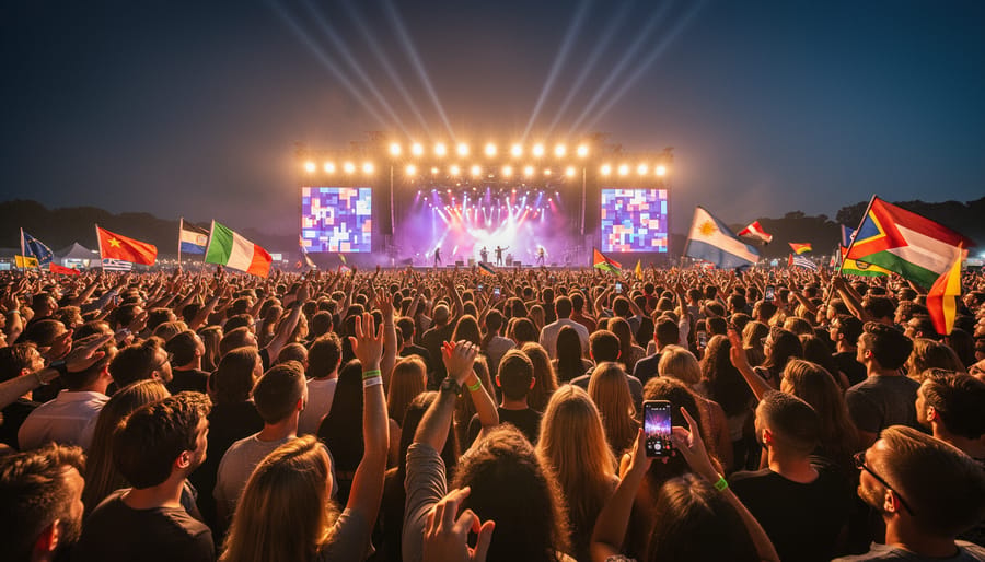A crowd at an outdoor music festival raising hands toward a brightly lit stage at night
