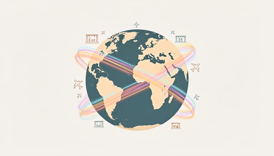 Colorful light trails reflecting through a glass prism suggesting a global festival network