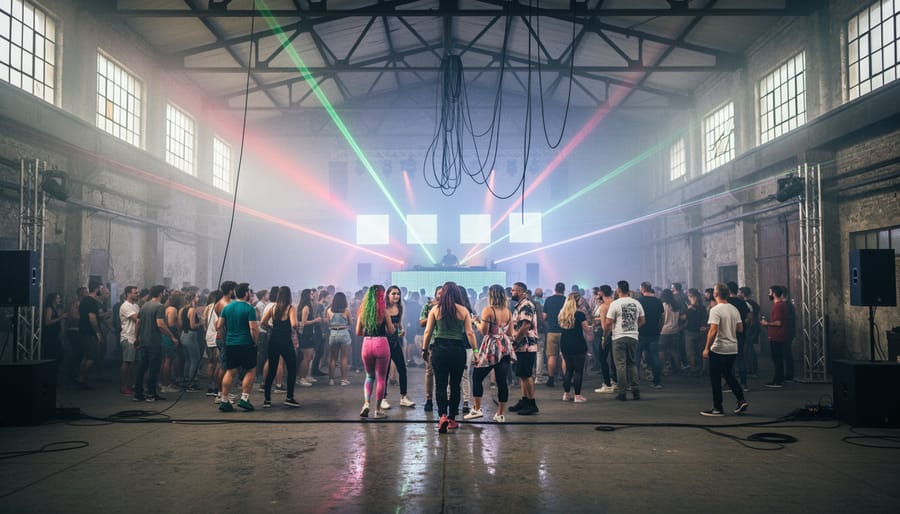 DJ booth and laser beams in a hazy warehouse at an electronic music festival